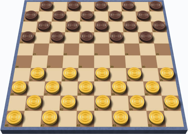 国際チェッカーの10×10の盤と初期配置の駒
