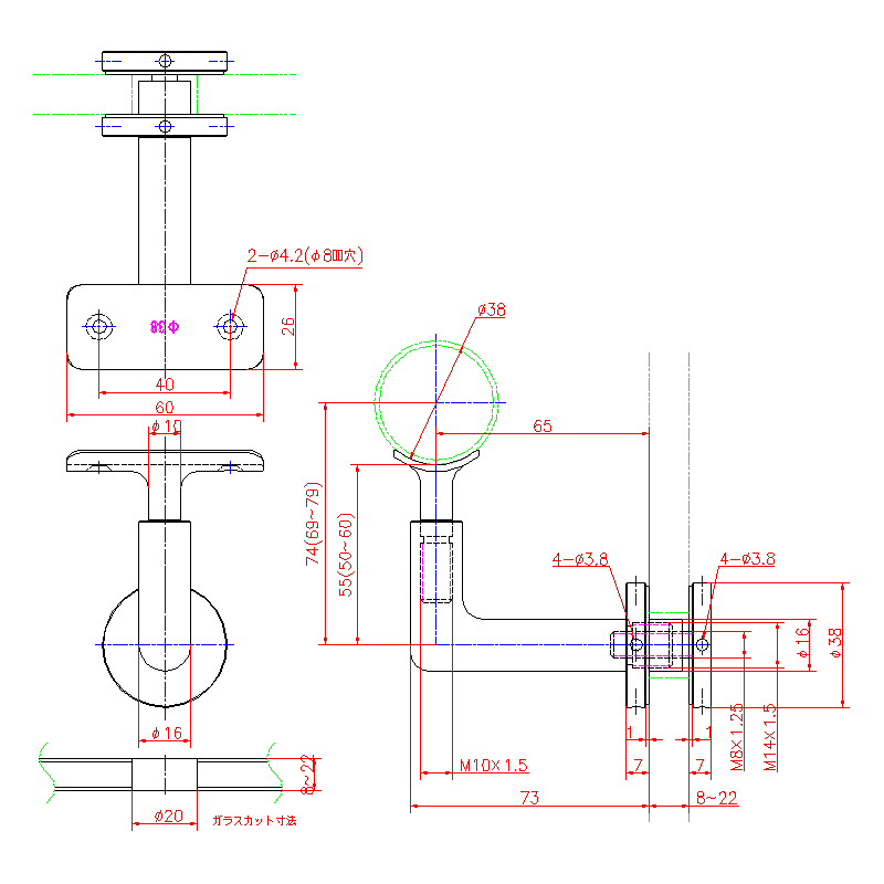 ステンレスガラス用手摺ブラケット 建築資材