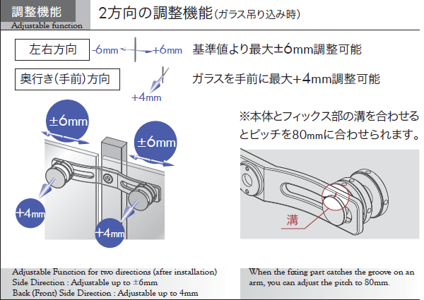 調整機能：２方向の調整機能（ガラス吊り込み時）