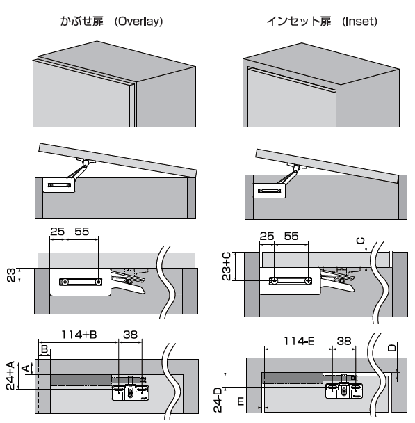 ダンパーキャッチ DC-200取付寸法かぶせ扉.インセットト扉