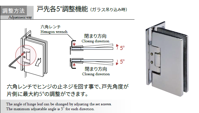 ガラス吊り込み時、六角レンチで各５°の戸先調整