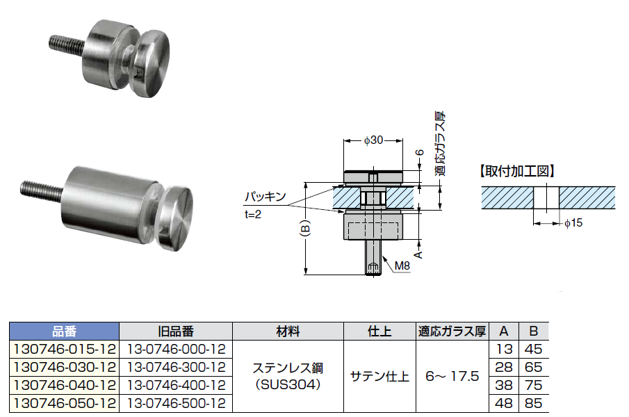 ポイントフィックス130746型ガラス厚6〜17.5mm