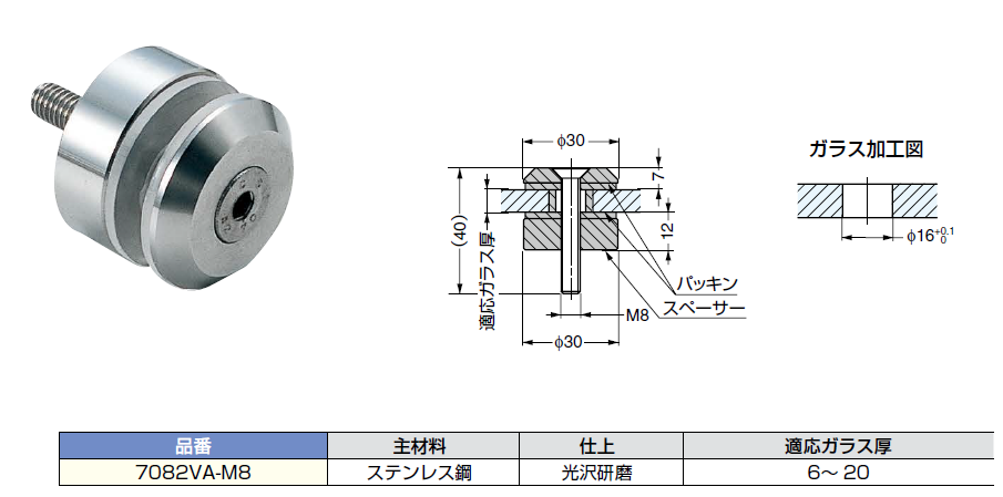 ポイントフィックス7082VA-M8ガラス厚6〜20mm