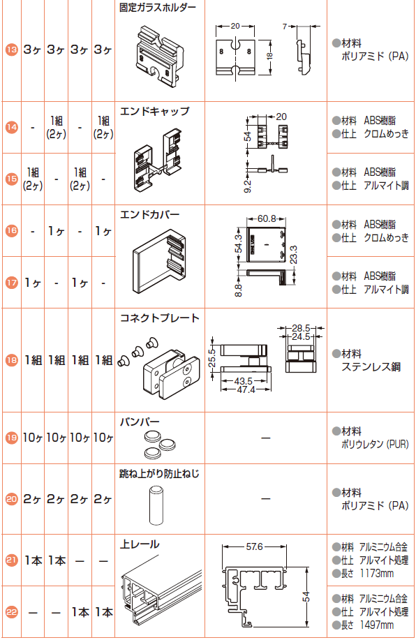 部品セット扉1枚+固定ガラス1枚＋ガラス壁1枚当り